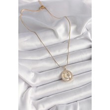 Pilelistore 316L Çelik Gold Renk Zincir Zirkon Taş Detaylı Beyaz Sedefli Ay Yıldız Model Kadın Kolye - TJ-BKO9638