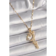Pilelistore 316L Çelik Gold Renk Zincir Zirkon Taşlı Hilal Yıldız Figür Sallantı Detay Kadın Kolye - TJ-BKO9646