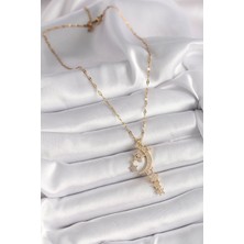 Pilelistore 316L Çelik Gold Renk Zincir Zirkon Taşlı Hilal Yıldız Figür Sallantı Detay Kadın Kolye - TJ-BKO9646