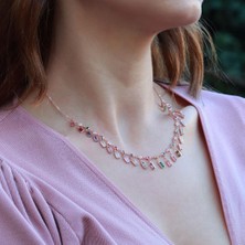 Necati Gün Renkli Zirkon Taşlı Rose Gold Kaplama Trend Gümüş Kolye