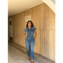 Mare Butik Mare Butik Cepli Düşük Kollu  Önden  Düğmeli Kuşaklı Kot Tulum