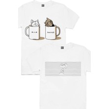 Rock&Roll Çizgili Köpek Beyaz, Sütlü Sade Beyaz Erkek Tişört 2'li Eko Paket