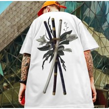 Amor Man Büyük Beden Özel Tasarım Üç Ninja Kılıcı Sırt Baskılı Japon Stil Battal Erkek T-Shırt