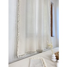 Krem Püsküllü - Ponponlu  Pamuklu Vintage Natural Buldan Keten Perde Güneşlik & Fon - En  x  Boy