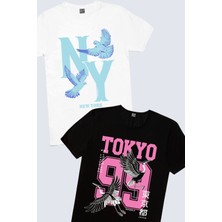 Rock&Roll Ny Güvercinleri Beyaz, Tokyo 99 Siyah Erkek Tişört 2'li Eko Paket