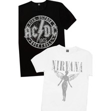 Rock&Roll Dairede Acdc Siyah, Beyaz Melek Nirvana 2'li Eko Paket T-Shirt