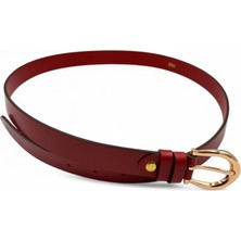 Renlos Hakiki Deri Kırmızı Kadın Kemer, Altın Toka Detayıyla Ince ve Şık