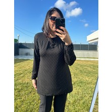 Kadın Büyük Beden Siyah - Beyaz  Puantiye Baskı Detaylı Viskon Kumaş Örme BLUZ-BGB103