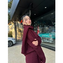 Bordo Atkılı Saç Örgü Pantolon Kazak Takım
