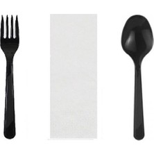 50 Adet Tekli Ambalajlı Siyah Plastik Lüks Kullan At Kaşık, Çatal, Peçete, 3 Lü Yemek Seti