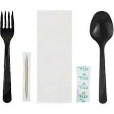 Yorulmaz Ambalaj 100 Adet Tekli Ambalajlı Siyah Plastik Lüks Kullan At Kaşık, Çatal, Peçete, Kürdan, Tuz 5 Li Yemek Seti