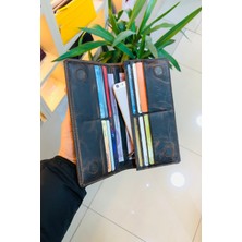 Derius Santos Antik Kahve Mıknatıslı Telefon Bölmeli Kişiye Özel Isim Baskılı El Geçmeli Dikey Cüzdan(Fermuar Bölmeli)