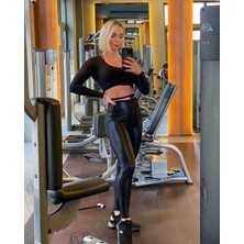 Lismina Siyah Kendinden Balık Pulu Desenli Deri Görünümlü Kumaş Spor Tayt