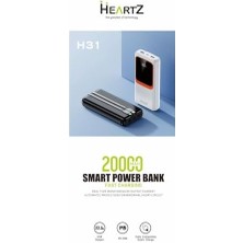 H31 20000 Mh Pd 20W ve USB 22.5W Fast Hızlı Şarj Dahili Type C ve Lightning Kablolu Dünya Standartlarına Uygun Polymer Batarya Birebir Amper LCD Göstergeli Powerbank (Beyaz)