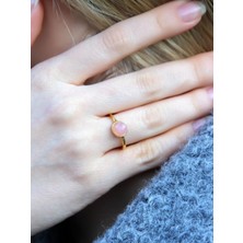 Doğal Taş Pembe Kuvars Yuvarlak Doğal Taşlı Altın Kaplama Ayarlanabilir Kadın Yüzük EUY53PK