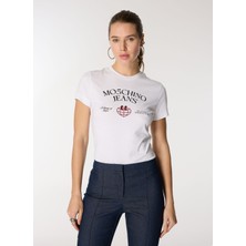 Moschino Jeans Yuvarlak Yaka Baskılı Beyaz Kadın T-Shirt A0703-1001