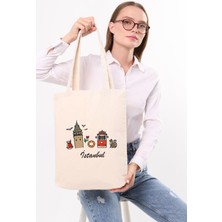 Çınar Bez Çanta Kanvas İstanbul Galata Çay Baskılı 35x40x8cm Kadınlar İçin Şık ve Ergonomik