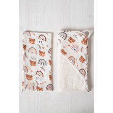 Heaven Home Krem - Ayıcıklı 80X80 cm Kapüşonlu Havlu ve Müslin 2'li Bebek Seti