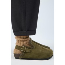 Manijero (Holly 2 Kürklü) Kadın Deri Kemerli Tokalı Sabo Haki Sandalet