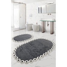 Bonny Home Gülruba Oval Antrasit Çeyizlik Dantelli 2'li Banyo Paspası Seti Kaymaz Tabanlı Klozet Takımı