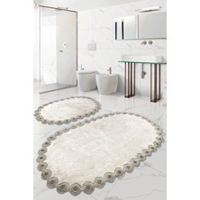 Bonny Home Gülruba Oval Vizon Çeyizlik Dantelli 2'li Banyo Paspası Seti Kaymaz Tabanlı Klozet Takımı