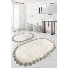 Teksev Gülruba Oval Vizon Çeyizlik Dantelli 2'li Banyo Paspası Seti Kaymaz Tabanlı Klozet Takımı