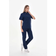 Scrubs Ünisex Likralı Koyu Lacivert Takma Kol Fermuar Detaylı Cerrahi Forma Scrubs