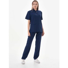 Scrubs Ünisex Likralı Koyu Lacivert Takma Kol Fermuar Detaylı Cerrahi Forma Scrubs
