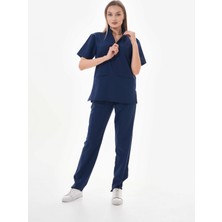 Scrubs Ünisex Likralı Koyu Lacivert Takma Kol Fermuar Detaylı Cerrahi Forma Scrubs