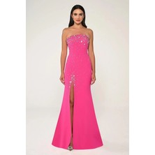 Alfa Beta Straplez Taş İşlemeli Krep Uzun Abiye Elbise