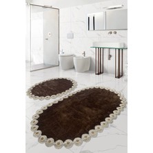 Teksev Gülruba Oval Kahve Çeyizlik Dantelli 2'li Banyo Paspası Seti Kaymaz Tabanlı Klozet Takımı