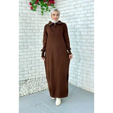 CYM Butik Yatay Çizgili Fermuarlı Tesettür Triko Elbise Vizon
