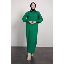 CYM Butik Yatay Çizgili Fermuarlı Tesettür Triko Elbise Vizon