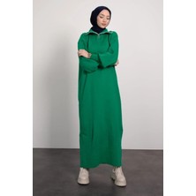 CYM Butik Yatay Çizgili Fermuarlı Tesettür Triko Elbise Vizon