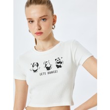 Koton Panda Baskılı Kısa Kollu Slim Fit Crop Tişört