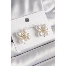 Pirinç Gold Renk Zirkon Taşlı Incili Kadın Küpe