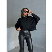 Kadın Siyah Interlok Yarasa Kol Dik Yaka Bluz