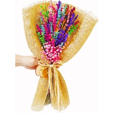 Çiçek Seli Pembe Cipsolu Renkli Kuru Lavanta Buketi &jut Ambalajlı & Hediye Dekoratif Çiçek & 40-45 cm