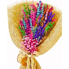 Çiçek Seli Pembe Cipsolu Renkli Kuru Lavanta Buketi &jut Ambalajlı & Hediye Dekoratif Çiçek & 40-45 cm
