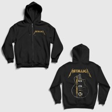 Presmono Siyah Guitar V2 Metallica Sırt Baskılı Fermuarlı Kapüşonlu Sweatshirt