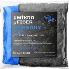 FiberWash Bossdry Xxl Biyeli Çift Kat Süper Emici Mikrofiber Araç Kurulama Havlusu 50X70 cm 700GR/M2 Mavi-Gri