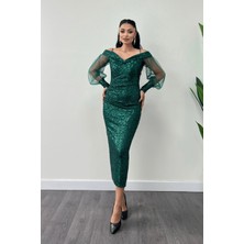 Pul Payet Kumaş Kayık Yaka Kalem Elbise - Zümrüt Yeşil