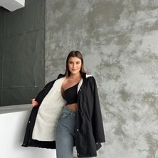 Zeliza Moda Evi Kapüşonlu Çift Cepli Fermuarlı Içi Peluş Kürk Dışı Bondit Kumaş Kadın Trençkot Kadın Mont