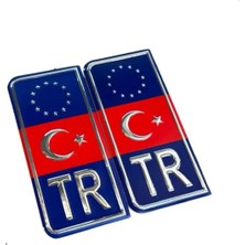 Tr Avrupa Birliği Türk Bayraklı Plaka Arması Metal Etiket Sticker Kırmızı Mavi 2'li