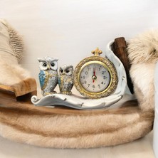 Elifeshop Lüks 2'li Baykuş Işlemeli Dekoratif Biblo Masa Saati Ev Ofis Yeni Yıl si Konsol Vitrin Süsü