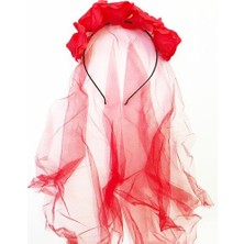 Xnews Kırmızı Renk Güllü Duvaklı Halloween Taçı