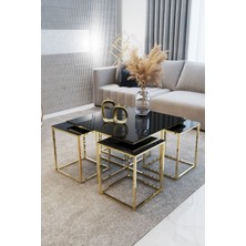Home Plus Mobilya 4+1 Gold Ayak Siyah Ayna Orta Sehpa