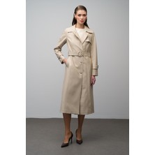 Yakada Fermuar Detaylı Kemer Tokalı Deri Trençkot Bej 6609