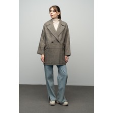 Olcay Ekose Desenli Kruvaze Oversize Kaban Haki 3020