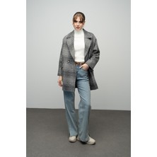 Olcay Ekose Desenli Kruvaze Oversize Kaban Siyah 3020